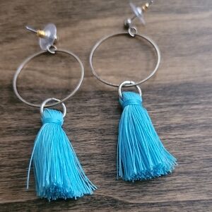 Blue Tassel Hoop Earrings